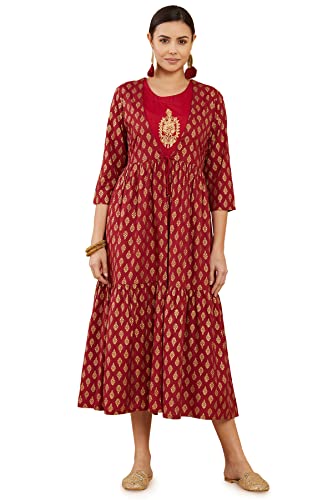 Soch Women Maroon Cotton Foil Print Kurtas