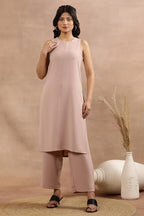 W For Woman Pink Sleeveless Solid Straight Kurta And Pants Set