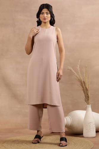 W For Woman Pink Sleeveless Solid Straight Kurta And Pants Set