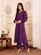 Varanga Women Purple Lurex A- Line Kurta With Trousers
