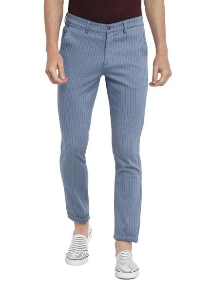 Turtle Men Sky Blue Striped Narrow Fit Trousers