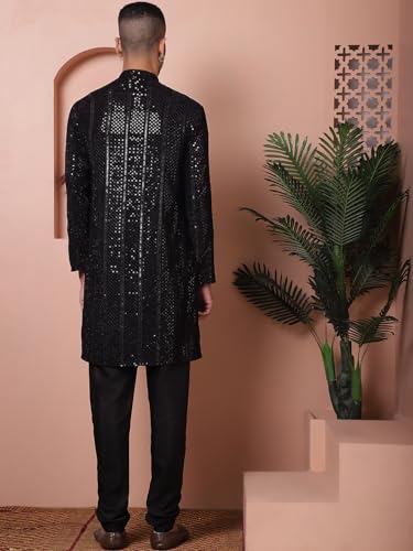 Jompers Mens Black Sequins Embroidered Kurta With Pyjama. (Black, Xl)