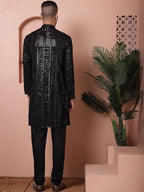 Jompers Mens Black Sequins Embroidered Kurta With Pyjama. (Black, Xl)