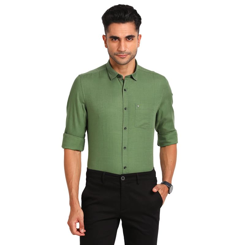 Turtle Men Cotton Lyocell Green Plain Slim Fit Full Sleeve Casual Shirt