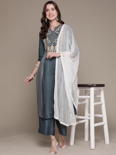 Ziyaa Women Women'S Grey Chinon Kurta, Palazzo And Dupatta Set