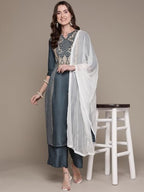 Ziyaa Women Women'S Grey Chinon Kurta, Palazzo And Dupatta Set