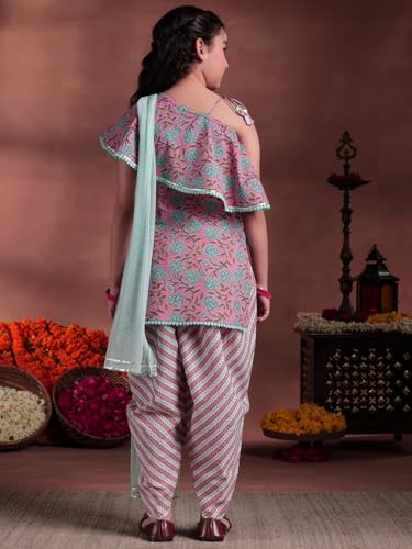 Libas Kids Womens Printed Cotton Straight Kurta With Dhoti Pant And Dupatta