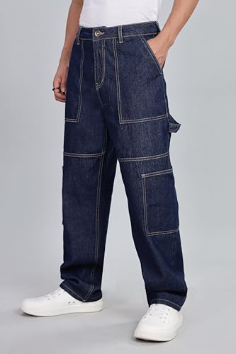 Inkd MenS Cargo Carpenter Baggy Jeans  Mid-Rise | 100% Cotton | Contrast Stitch| 6 Pocket Styling | Baggy Jeans For Man | Cargo