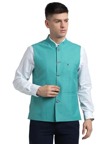 Turtle Men Poly Cotton Solid Slim Fit Turquoise Nehru Jacket