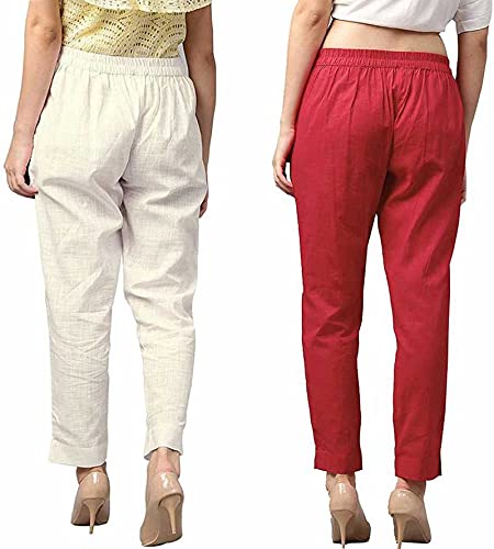 Digital Shopee Women Cotton Ankle Length Double Side Pocket Elastic Waist Regular Fit Trouser- Pack Of 2, White And Red (Small)