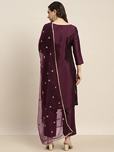 Womanista Poly Silk Women Thread Work Kurta Trouser With Dupatta Set