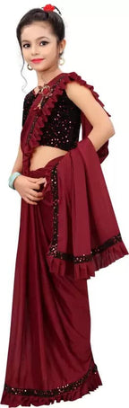 Dhyey Fashion Girls Lycra Blend Ruffle Pattern Saree With Velvet Unstitched Blouse Piece