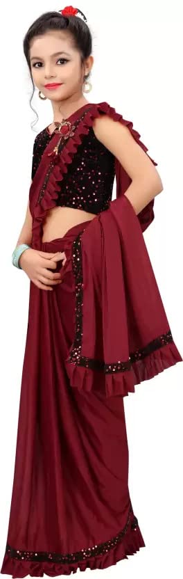 Dhyey Fashion Girls Lycra Blend Ruffle Pattern Saree With Velvet Unstitched Blouse Piece