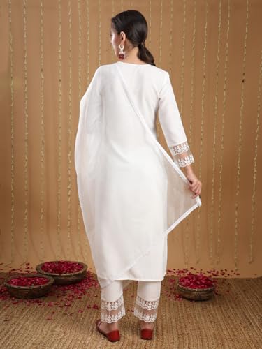ANNI DESIGNER Womens Cotton Blend Embroidered Straight Kurta with Pant & Dupatta (Motira White_XXL_White_XX-Large)