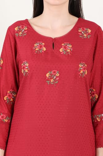 W For Woman Maroon Thread Embroidered Yoke Textured Dobby Straight Kurta