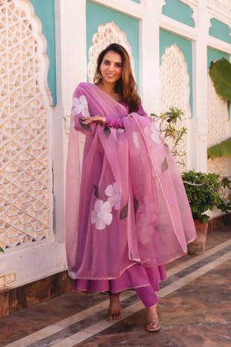 ANNI DESIGNER Womens Rayon Viscose Solid Anarkali Kurta with Pant & Dupatta (Bhanu Pink_L_Pink_Large)