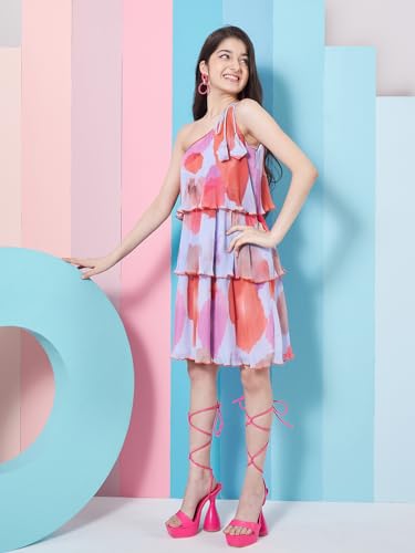 Pspeaches Girls Abstract Printed One Shoulder Style Georgette A-Line Dress Trandy StylePurple Color Fashionista Choice Eye-Catc