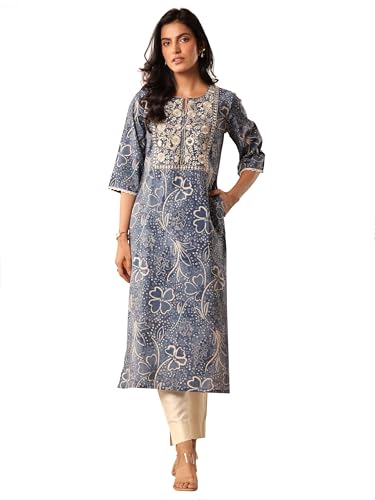 Libas WomenS Silk Printed Straight-Fit Kurta (29825_Blue