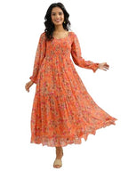 Libas Womens Printed Chiffon Fit And Flare Dress For Women Orange