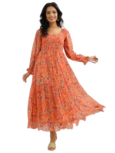 Libas Womens Printed Chiffon Fit And Flare Dress For Women Orange