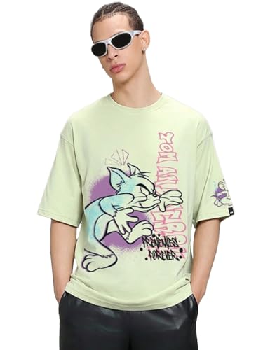 Bewakoof Official Tom & Jerry Merchandise MenS Graphic Print Oversized Fit Half Sleeve Round Neck Cotton T-Shirt_662700_Green_M