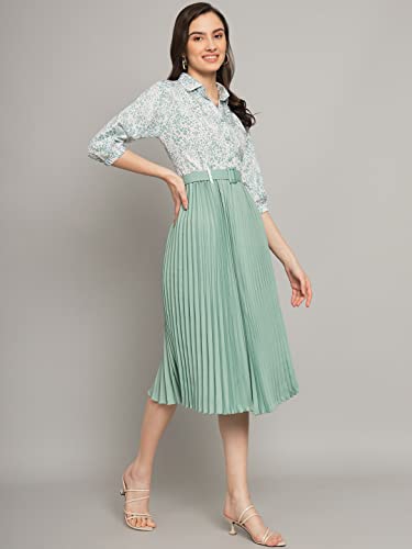 Kzully WomenS Print 3/4 Sleeve Pleated Midi Dress With Belt Pista