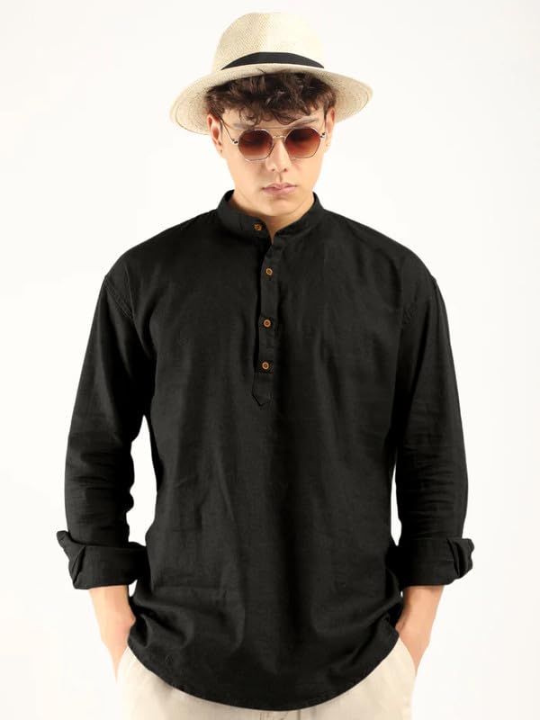 Macsivo MenS Cotton Polyester Blend Solid Regular Fit Full Sleeve Short Kurta Black