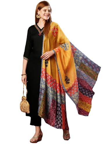 ANNI DESIGNER Womens Cotton Blend Embroidered Straight Kurta with Pant & Dupatta (Fronx Black-JL_L_Black_Large)