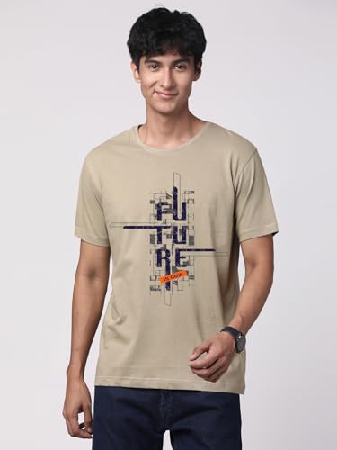 ADRO Mens Graphic Printed 100% Cotton T-Shirt - Regular Fit, Printed T-Shirts for Men (RN24-FTR-BE_Beige_2XL)