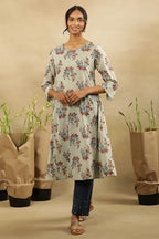W For Woman Folksong By W Women Green Printed Cotton A-Line Kurta