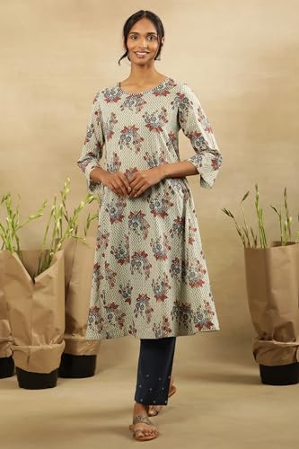 W For Woman Folksong By W Women Green Printed Cotton A-Line Kurta