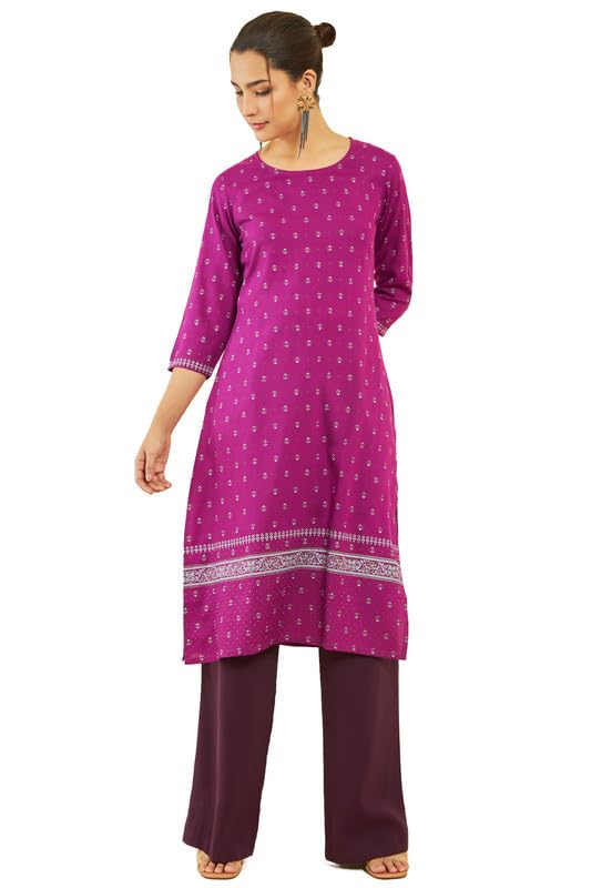 Soch Womens Magenta Rayon Floral All-Over Print Round-Neck Straight Kurta