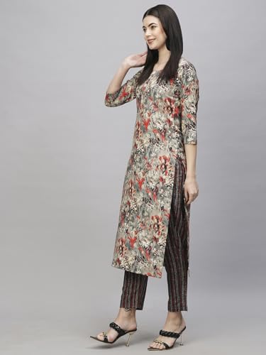 ANNI DESIGNER Womens Cotton Blend Straight Printed Kurta with Pant (Seep Grey_S_Grey_Small)