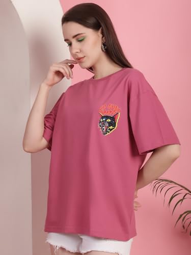 Preneum Womens Cotton Graphic Latest Printed Baggy Fit Drop-Shoulder Sleeves Cotton Oversized T-Shirt || Round Neck || Half Sle