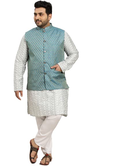Sojanya MenS Silk Blend Light Grey Embroidered Kurta & Self Design Nehru Jacket With White Churidar Set::Size-6Xl