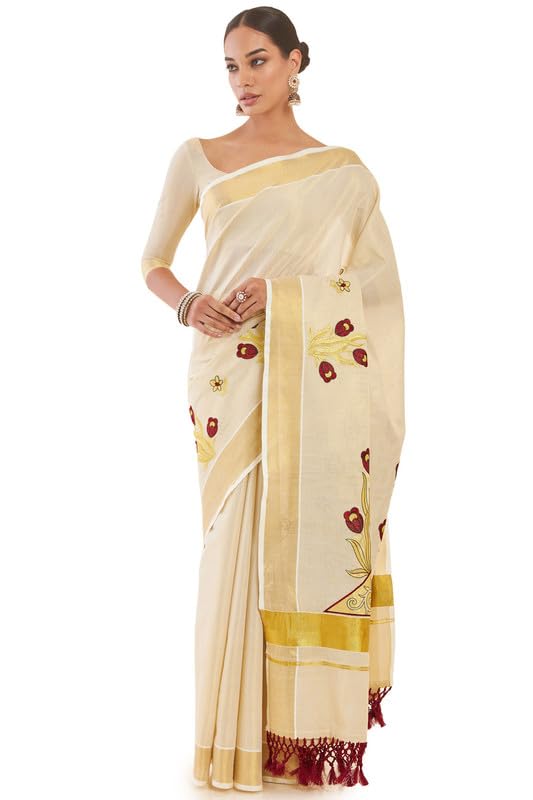 Soch Women Tissue Kasavu Saree with Floral Embroidered Designs and Zari Borders