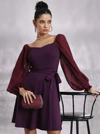 Ketch WomenS Cotton Blend Fit And Flare Dress With Sheer Sleeves Knee-Length Khj6000334_Wine