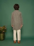 VASTRAMAY Boys Embroidered Kurta Pant Set with Gold-Trimmed Placket and Loafers Festive & Ethnic Wear
