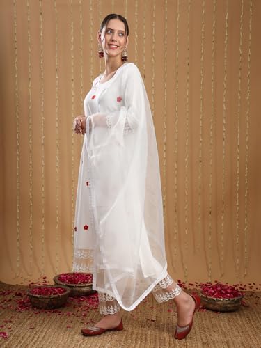 ANNI DESIGNER Womens Cotton Blend Embroidered Straight Kurta with Pant & Dupatta (Motira White_XXL_White_XX-Large)
