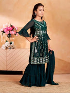 Aarika Girls Ethnic Wear Dark Green Colour Sequin Thread Embroidery Kurti Sharara Set With Dupatta-(5-11 Years)-(SH-MC-1644-D-GR