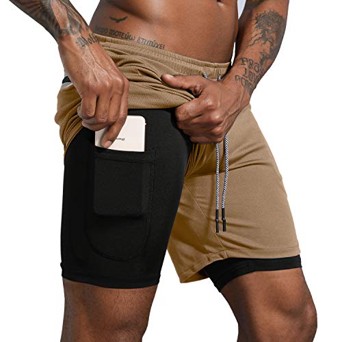 Leidowei Men's Workout Running Training 2 in 1 Gym Shorts with Zip Pockets Compression Shorts Khaki M