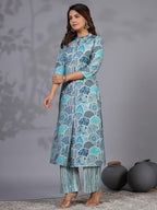 ANNI DESIGNER Womens Rayon Blend Straight Printed Kurta with Pant (Later Blue_M_Blue_Medium)