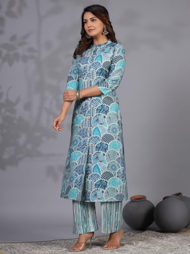 ANNI DESIGNER Womens Rayon Blend Straight Printed Kurta with Pant (Later Blue_M_Blue_Medium)