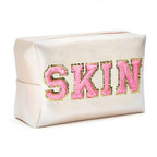 Y1tvei Preppy Patch SKIN Varsity Letter Cosmetic Toiletry Bag PU Leather Portable Makeup Bag Zipper Pouch Storage Purse Waterpro