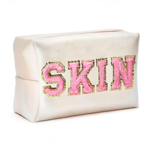 Y1tvei Preppy Patch SKIN Varsity Letter Cosmetic Toiletry Bag PU Leather Portable Makeup Bag Zipper Pouch Storage Purse Waterpro