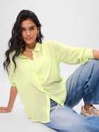 The Souled Store Textured Shirt: Light Lime Women and Girls Long Sleeve Collared Neck Button Down Boyfriend Shirts Womens Shirts
