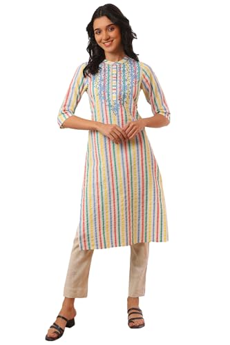 Aurelia Womens Yellow Yarn Dyed Cotton Blend Straight Kurta (Size: L)-A15634-705180