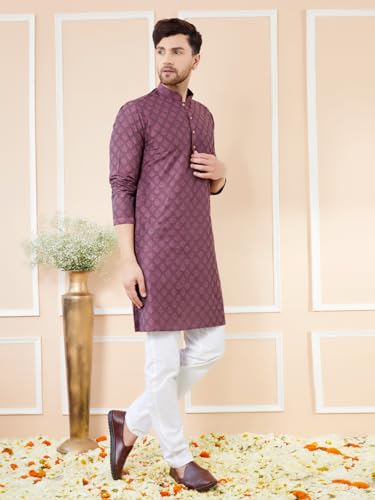 See Designs Men Long Sleeve Side Slit Mandarin Collar Purple Ethnic Motifs Silk Jacquard Woven Design Straight Kurta - Bnrskt715