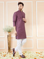 See Designs Men Long Sleeve Side Slit Mandarin Collar Purple Ethnic Motifs Silk Jacquard Woven Design Straight Kurta - Bnrskt715