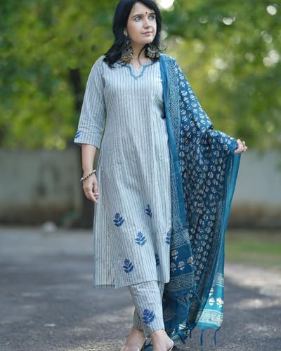 ANNI DESIGNER Womens Rayon Blend Embroidered Straight Kurta with Pant & Dupatta (VINEEKA White_M_Blue_Medium)